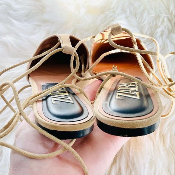EUC ZARA Tied Leather T-bar Mule Suede Tan Ankle Tie Sandals Size 6US - Picture 6 of 9
